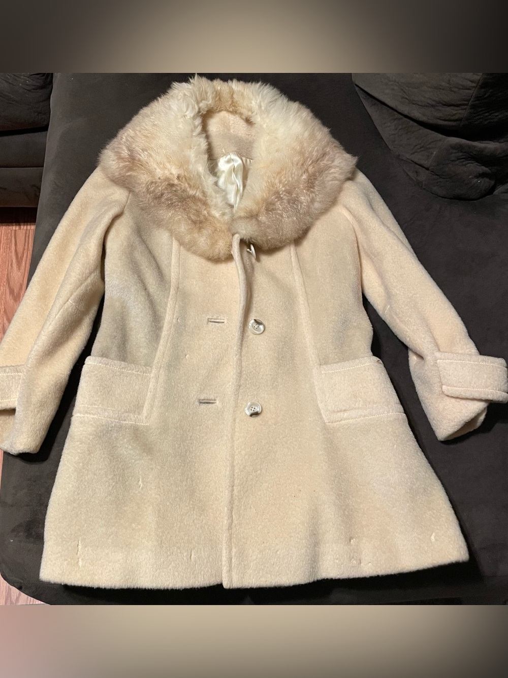 Women's Cream Wool Coat with Faux Fur Collar